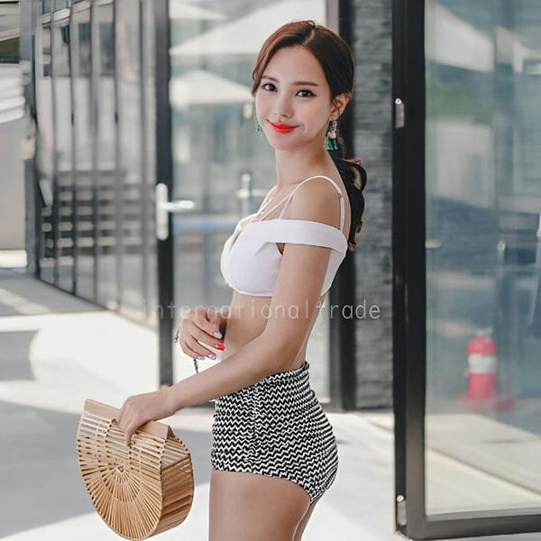 水着 レディース ビキニ デザイントップス オフショル ハイウエスト レトロ ホワイト 白 ブラック 黒 モノトーン 上下別柄 無地 ボーダー 大人 オトナ セパレート オフショルダー モノクロ M
