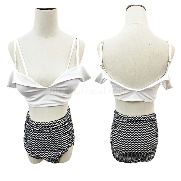 水着 レディース ビキニ デザイントップス オフショル ハイウエスト レトロ ホワイト 白 ブラック 黒 モノトーン 上下別柄 無地 ボーダー 大人 オトナ セパレート オフショルダー モノクロ M