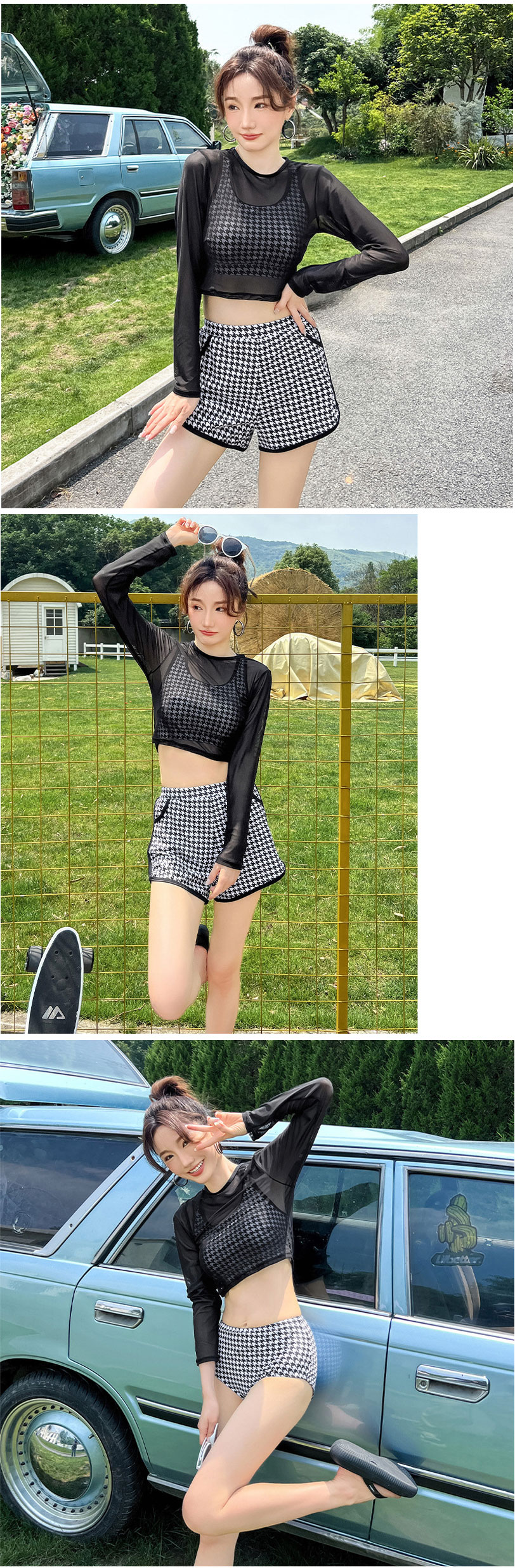 ラッシュガード 4点セット水着付きクリンクルシアートップス×ショートパンツ レディース ラッシュガード 長袖 接触冷感 UVカット 水陸両用 紫外線 紫外線対策 太もも カバーアップ 露出控えめ お