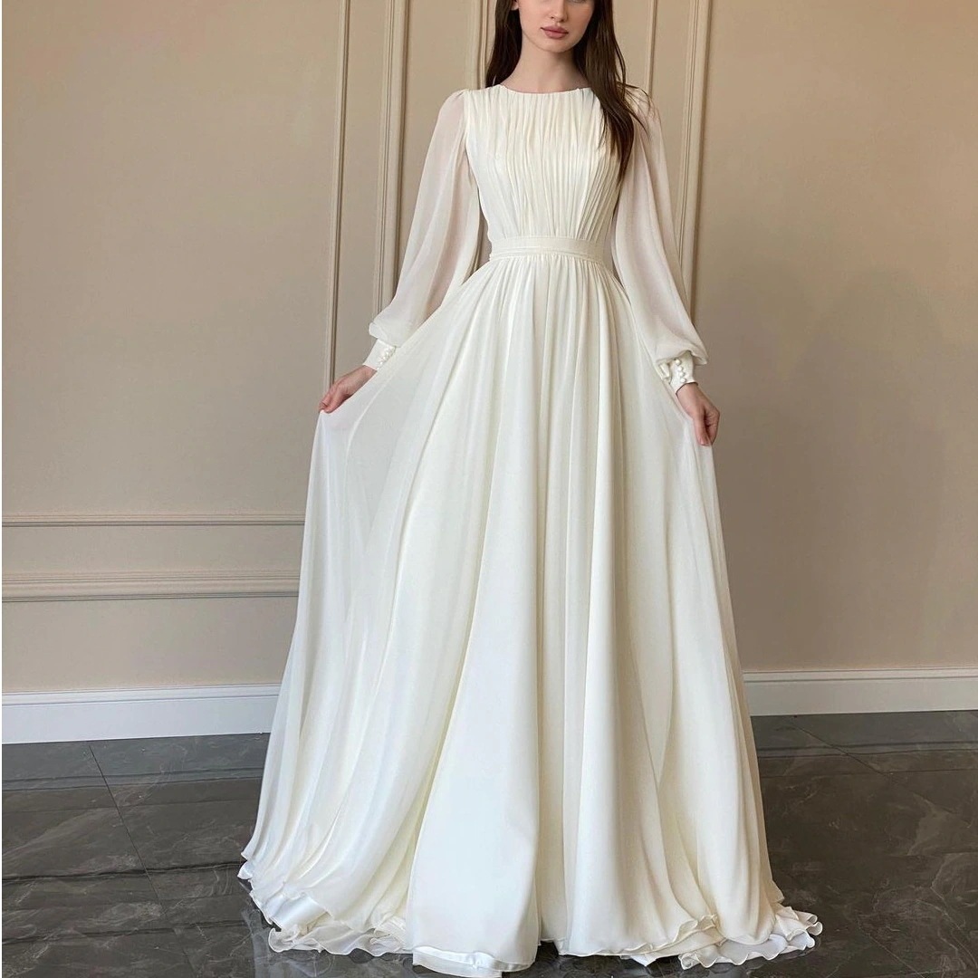ホワイト ワンピース 長袖 結婚式 パーティードレス 韓国 クリスマスパーティードレス長袖ワンピースランタン袖気質高級感