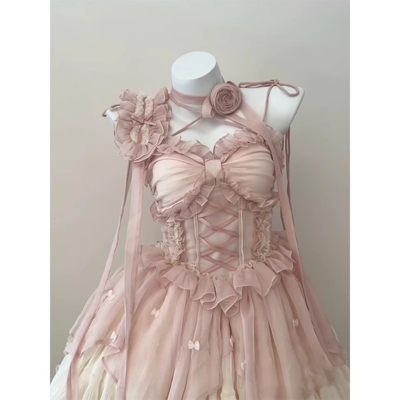 ピンクの優しいバレエロリータドレスjskドレスフラワーウェディング