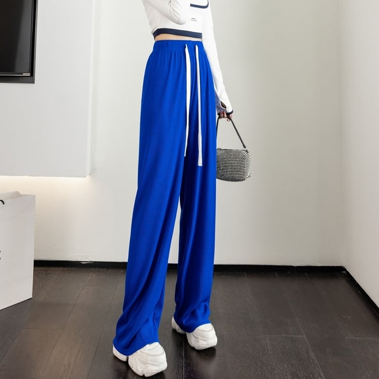 ラフパンツ ボトムス 長ズボン スラックス ワントーン バイカラー ドローストリング レトロ フレアパンツ スリット ウエストゴム セミフレア パンツ ハイウエスト ストレッチ ストレッチ