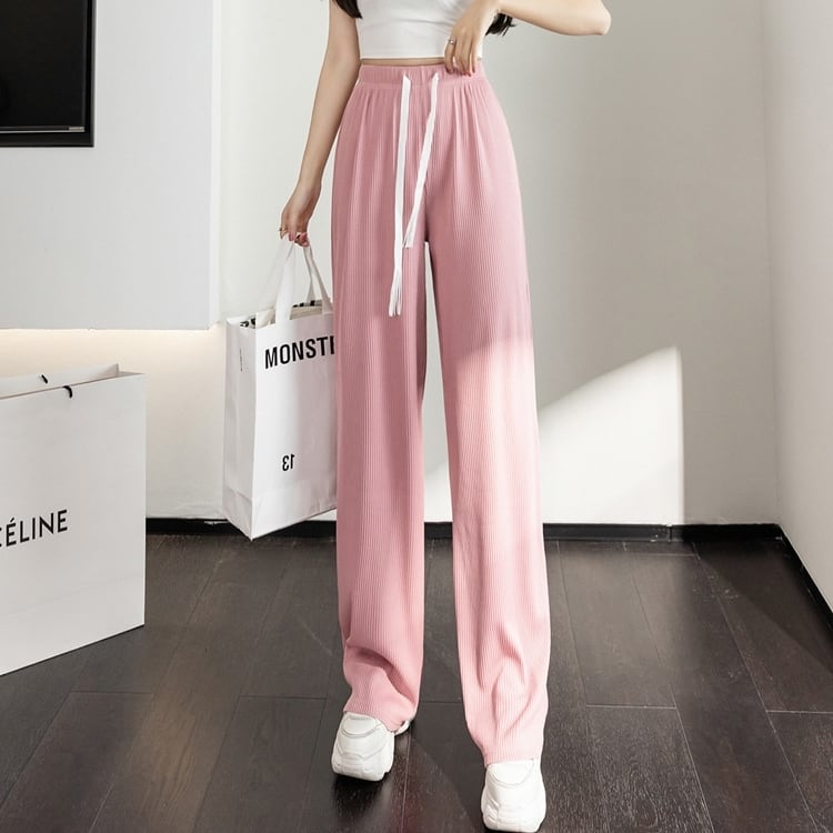 ラフパンツ ボトムス 長ズボン スラックス ワントーン バイカラー ドローストリング レトロ フレアパンツ スリット ウエストゴム セミフレア パンツ ハイウエスト ストレッチ ストレッチ