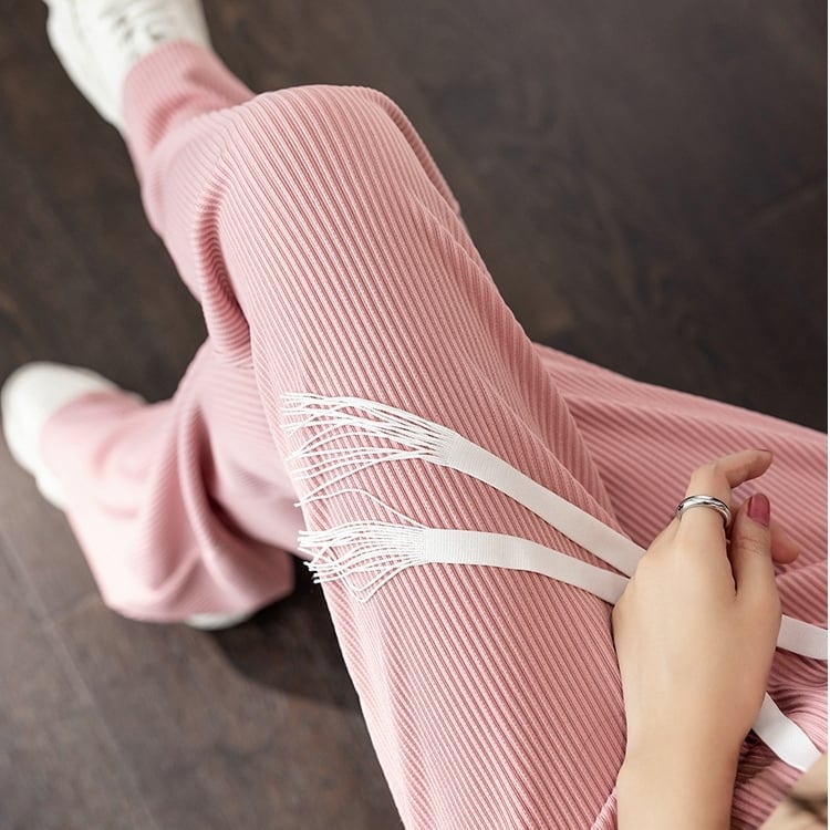 ラフパンツ ボトムス 長ズボン スラックス ワントーン バイカラー ドローストリング レトロ フレアパンツ スリット ウエストゴム セミフレア パンツ ハイウエスト ストレッチ ストレッチ