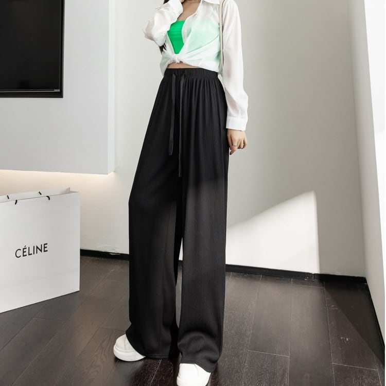 ラフパンツ ボトムス 長ズボン スラックス ワントーン バイカラー ドローストリング レトロ フレアパンツ スリット ウエストゴム セミフレア パンツ ハイウエスト ストレッチ ストレッチ