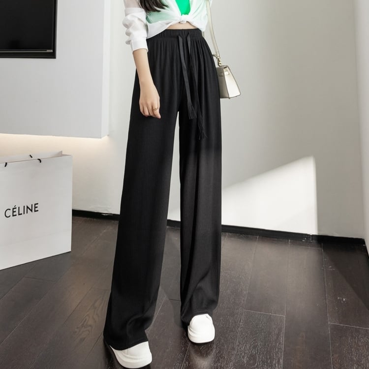 ラフパンツ ボトムス 長ズボン スラックス ワントーン バイカラー ドローストリング レトロ フレアパンツ スリット ウエストゴム セミフレア パンツ ハイウエスト ストレッチ ストレッチ