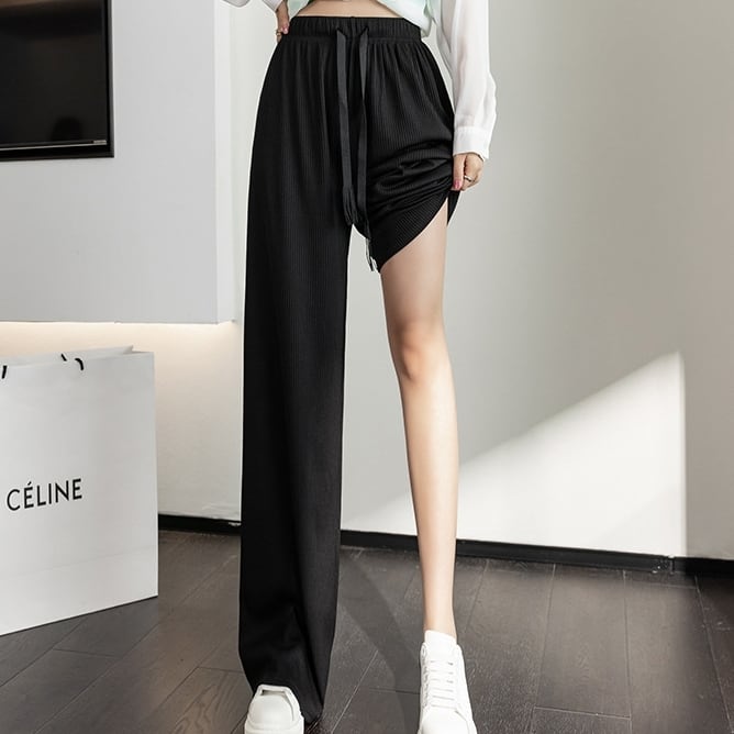 ラフパンツ ボトムス 長ズボン スラックス ワントーン バイカラー ドローストリング レトロ フレアパンツ スリット ウエストゴム セミフレア パンツ ハイウエスト ストレッチ ストレッチ