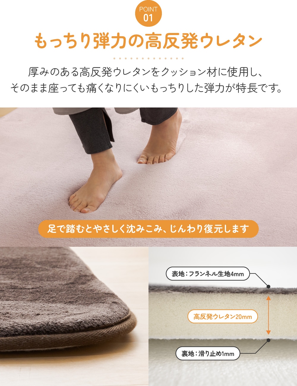 ごろ寝が気持ちいい高反発ラグ　極厚25mm厚 フランネルラグ 130185cm