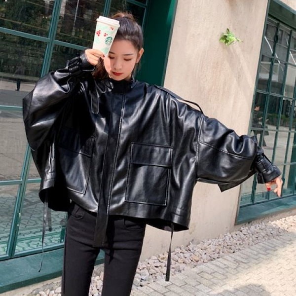 Qoo10] フェイクレザー ジャケット ライダースジ