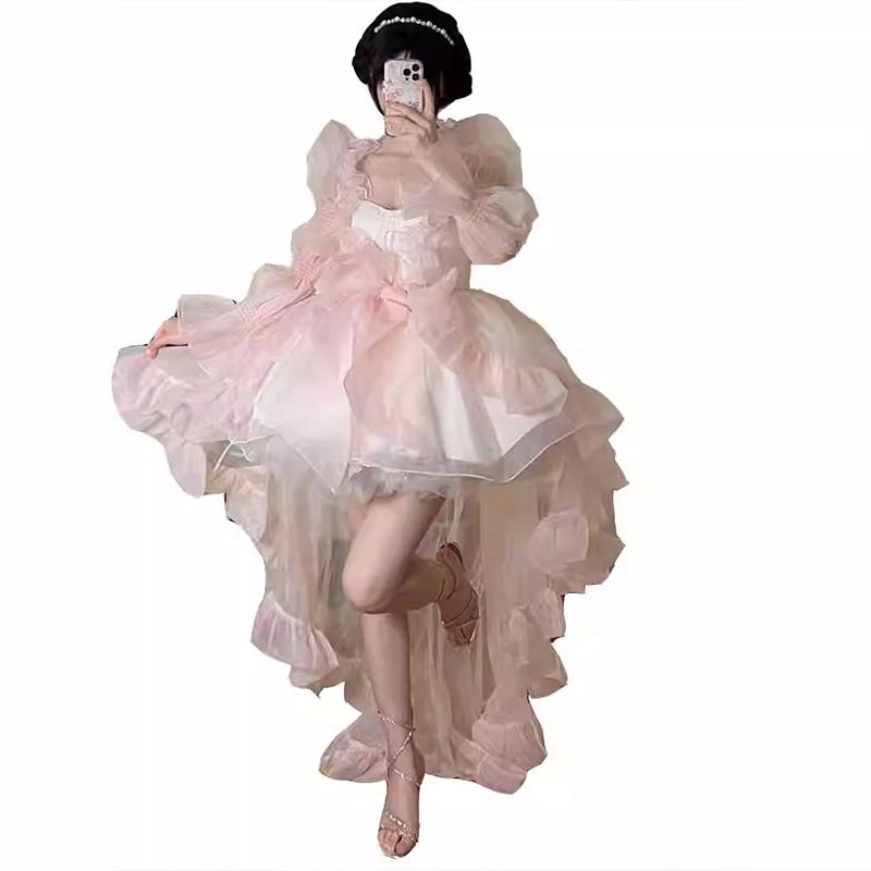 サマーピンクドレスプリンセス風トレーリングドレスホットイブニングドレスチュチュスカートガールスカート