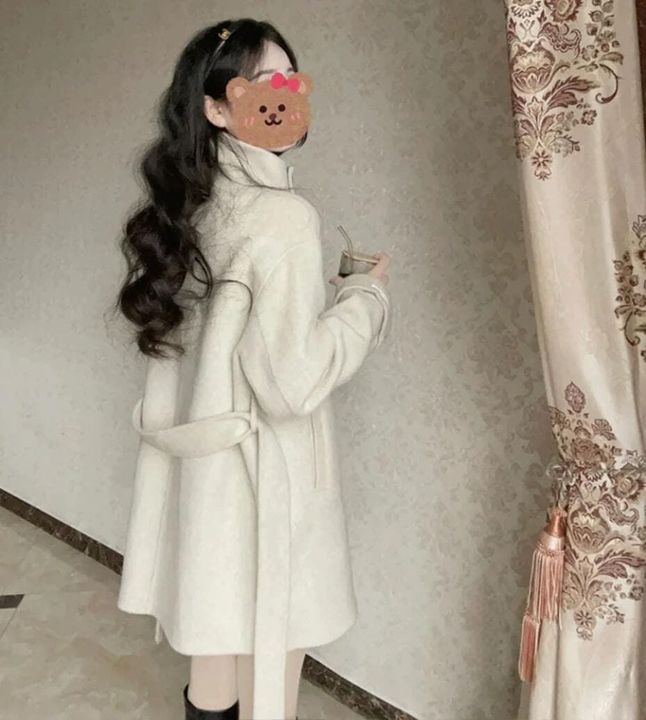 ウールタッチ ベルト付き ハイネック コート スタンドネック 韓国ガーリー カジュアル きれいめ オフィス OL 学生 通学 通勤 きちんと感のある上品アウター ウールタッチ ベルト付き ハイネック コート スタンドネック 韓国ガーリー カジュアル きれいめ オフィス OL 学生 通学 通勤 きちんと感のある上品アウター