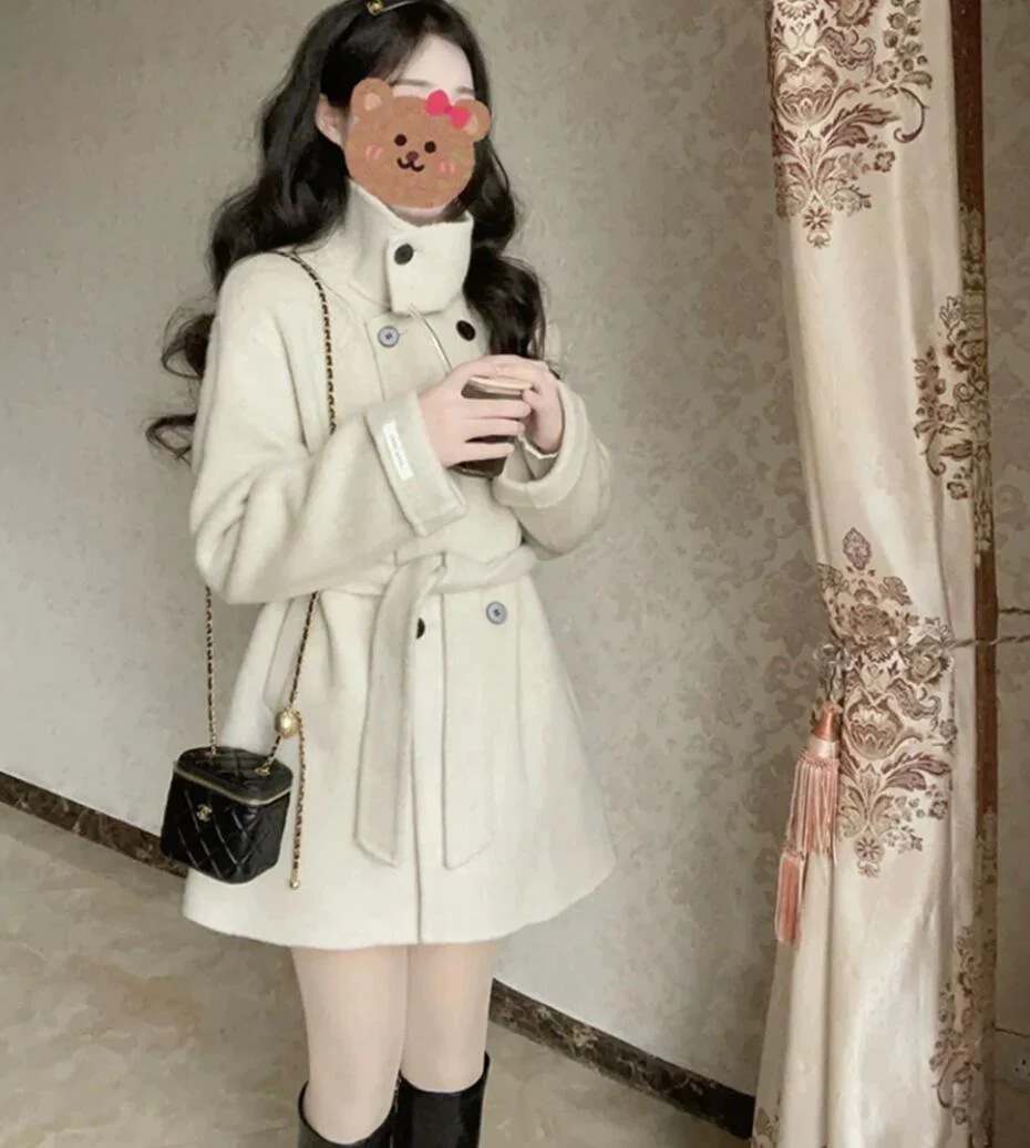 ウールタッチ ベルト付き ハイネック コート スタンドネック 韓国ガーリー カジュアル きれいめ オフィス OL 学生 通学 通勤 きちんと感のある上品アウター ウールタッチ ベルト付き ハイネック コート スタンドネック 韓国ガーリー カジュアル きれいめ オフィス OL 学生 通学 通勤 きちんと感のある上品アウター