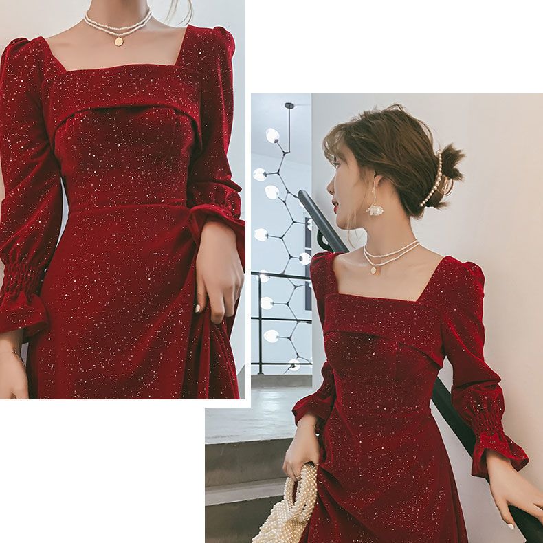 新作ミニドレススカートロング丈エレガント上品スクエアネックワインレッドワンピースウエストを収めて痩せて見える 着瘦 新作ミニドレススカートロング丈エレガント上品スクエアネックワインレッドワンピースウエストを収めて痩せて見える 着瘦