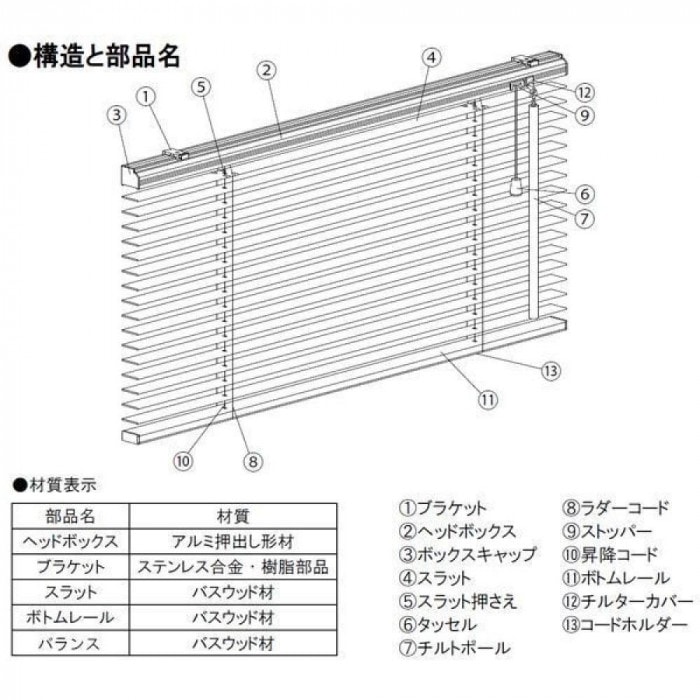 ウッドブラインド ポール右操作(50cm) 35mm幅 幅33cm×高さ108cm バランス付き ウォールナット