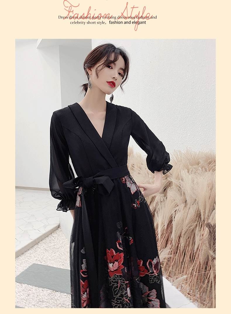 パーティードレス かっこいい 個性的 ロング 黒 袖あり 花柄 レース 大きいサイズ きれい 透け感 長袖 韓国 演奏会 ロングドレス フォーマル 結婚式 二次会 お呼ばれ ドレス Aライン ボタニカ