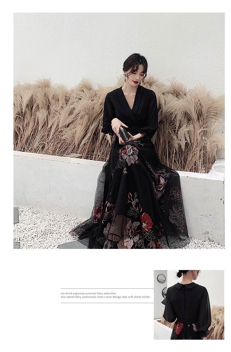 パーティードレス かっこいい 個性的 ロング 黒 袖あり 花柄 レース 大きいサイズ きれい 透け感 長袖 韓国 演奏会 ロングドレス フォーマル 結婚式 二次会 お呼ばれ ドレス Aライン ボタニカ
