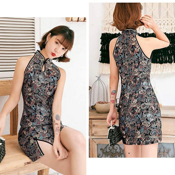 【Minimanu】チャイナ服 ミニチャイナ 龍凰 / 青 (Lサイズ) /チャイナ服 ミニ コスプレ