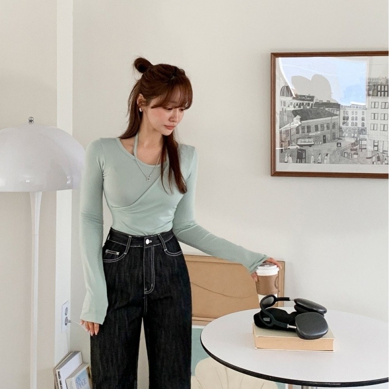 ホルターネック トップス Tシャツ 長袖 ラウンドネック ホルターネック スリム タイト 細身 かわいい 大人可愛い シンプル カジュアル おしゃれ お洒落 ホルターネック トップス Tシャツ 長袖 ラウンドネック