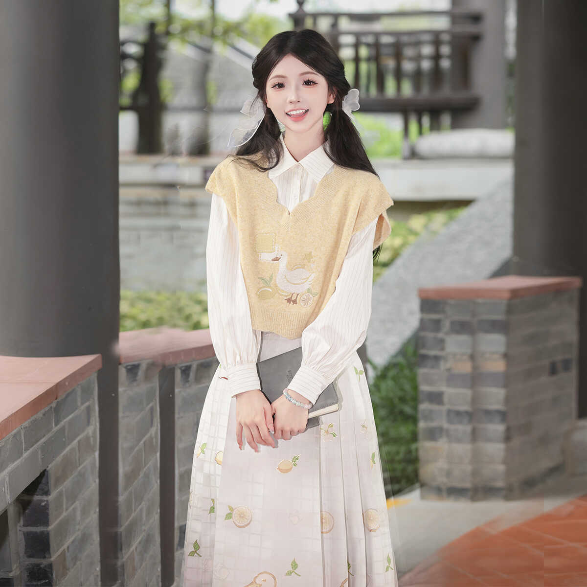 【フルセット】レモンカモアヒル新韓国シャツ馬面スカート可愛いニットチョッキセットレディース 【フルセット】レモンカモアヒル新韓国シャツ馬面スカート可愛いニットチョッキセットレディース