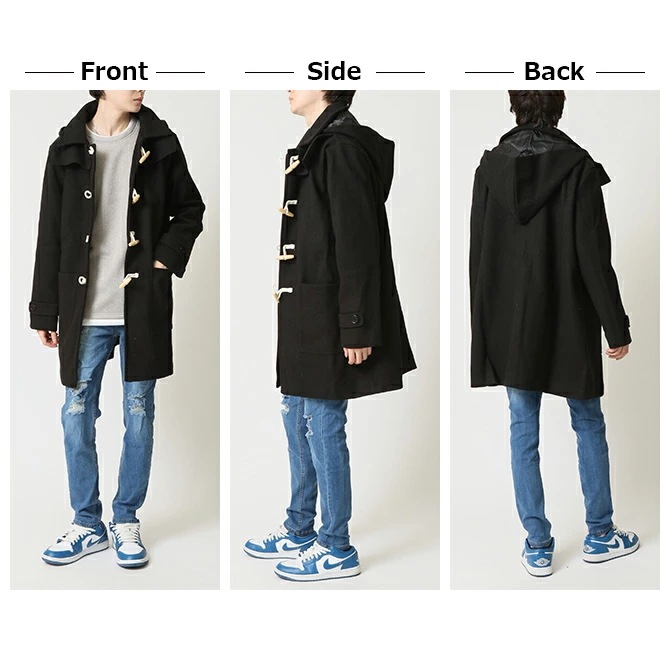ダッフルコート メンズ アウター フーデットコート ハーフコート メンズコート ブラック ネイビー 膝丈ロング