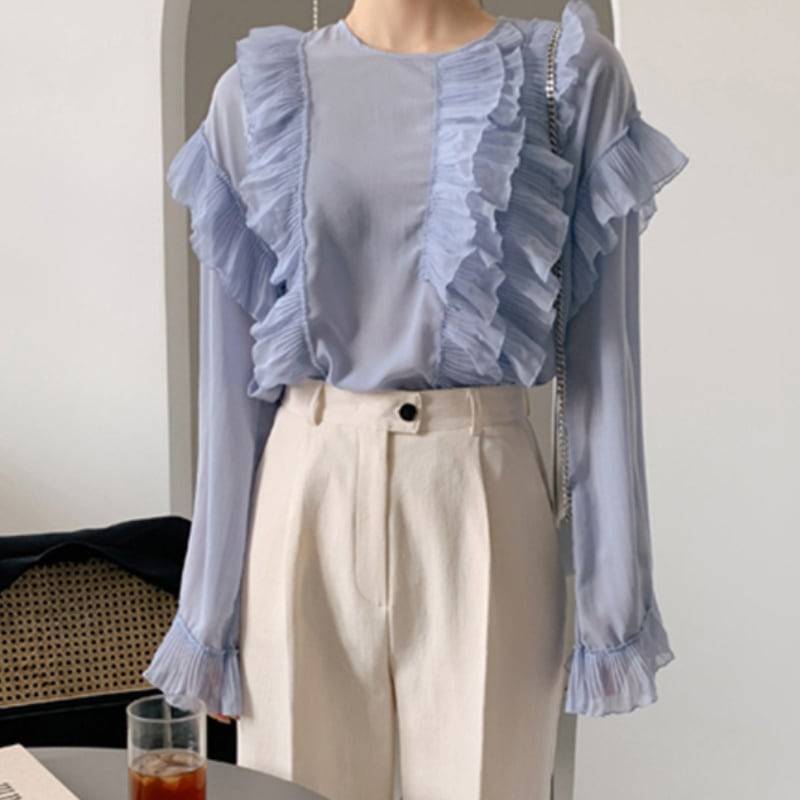 2color レディース トップス フリル 長袖 シフォン ホワイト ブルー エレガント 春 秋 ニュアンスカラー 大人可愛い きれいめ 上品 クラシック レトロ ガーリー カジュアル 大人女子 モー 2color レディース トップス フリル 長袖 シフォン ホワイト ブルー エレガント 春 秋 ニュアンスカラー 大人可愛い きれいめ 上品 クラシック レトロ ガーリー カジュアル 大人女子 モー