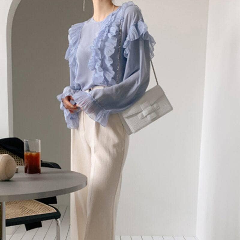 2color レディース トップス フリル 長袖 シフォン ホワイト ブルー エレガント 春 秋 ニュアンスカラー 大人可愛い きれいめ 上品 クラシック レトロ ガーリー カジュアル 大人女子 モー 2color レディース トップス フリル 長袖 シフォン ホワイト ブルー エレガント 春 秋 ニュアンスカラー 大人可愛い きれいめ 上品 クラシック レトロ ガーリー カジュアル 大人女子 モー