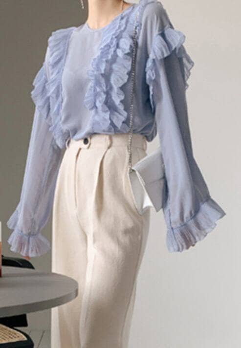 2color レディース トップス フリル 長袖 シフォン ホワイト ブルー エレガント 春 秋 ニュアンスカラー 大人可愛い きれいめ 上品 クラシック レトロ ガーリー カジュアル 大人女子 モー 2color レディース トップス フリル 長袖 シフォン ホワイト ブルー エレガント 春 秋 ニュアンスカラー 大人可愛い きれいめ 上品 クラシック レトロ ガーリー カジュアル 大人女子 モー