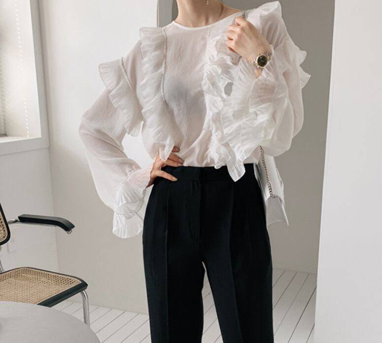 2color レディース トップス フリル 長袖 シフォン ホワイト ブルー エレガント 春 秋 ニュアンスカラー 大人可愛い きれいめ 上品 クラシック レトロ ガーリー カジュアル 大人女子 モー 2color レディース トップス フリル 長袖 シフォン ホワイト ブルー エレガント 春 秋 ニュアンスカラー 大人可愛い きれいめ 上品 クラシック レトロ ガーリー カジュアル 大人女子 モー