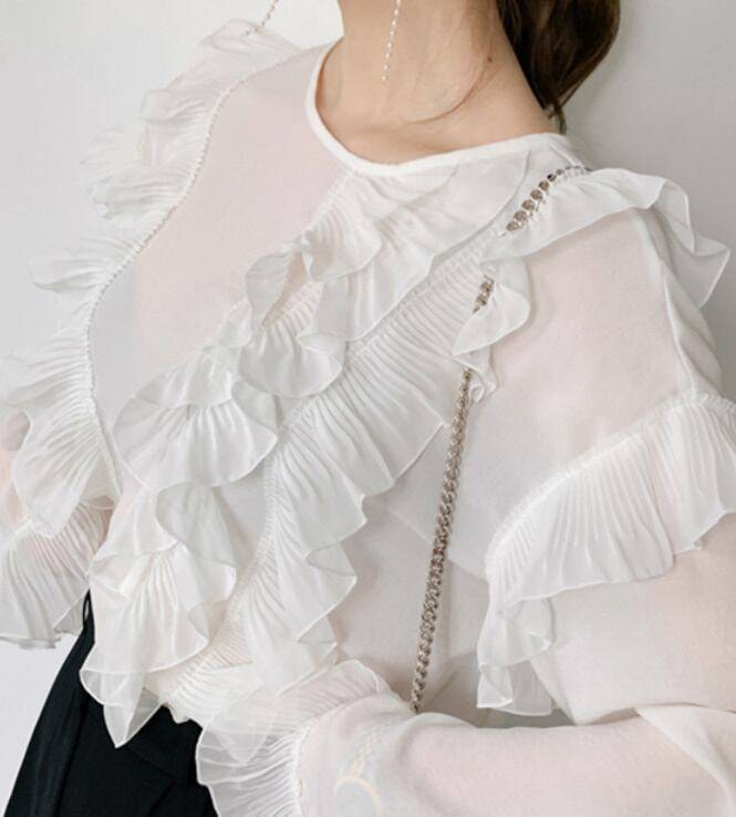 2color レディース トップス フリル 長袖 シフォン ホワイト ブルー エレガント 春 秋 ニュアンスカラー 大人可愛い きれいめ 上品 クラシック レトロ ガーリー カジュアル 大人女子 モー 2color レディース トップス フリル 長袖 シフォン ホワイト ブルー エレガント 春 秋 ニュアンスカラー 大人可愛い きれいめ 上品 クラシック レトロ ガーリー カジュアル 大人女子 モー