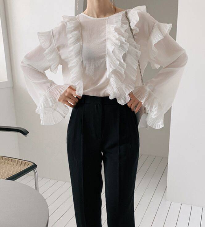 2color レディース トップス フリル 長袖 シフォン ホワイト ブルー エレガント 春 秋 ニュアンスカラー 大人可愛い きれいめ 上品 クラシック レトロ ガーリー カジュアル 大人女子 モー 2color レディース トップス フリル 長袖 シフォン ホワイト ブルー エレガント 春 秋 ニュアンスカラー 大人可愛い きれいめ 上品 クラシック レトロ ガーリー カジュアル 大人女子 モー