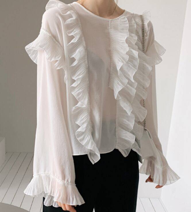 2color レディース トップス フリル 長袖 シフォン ホワイト ブルー エレガント 春 秋 ニュアンスカラー 大人可愛い きれいめ 上品 クラシック レトロ ガーリー カジュアル 大人女子 モー 2color レディース トップス フリル 長袖 シフォン ホワイト ブルー エレガント 春 秋 ニュアンスカラー 大人可愛い きれいめ 上品 クラシック レトロ ガーリー カジュアル 大人女子 モー