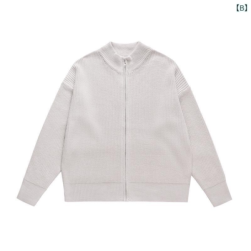 カーディガン メンズ セーター ニット アメリカン レトロ ハイネック タートル カラー ジャケット ブラック グレー ジップアップ