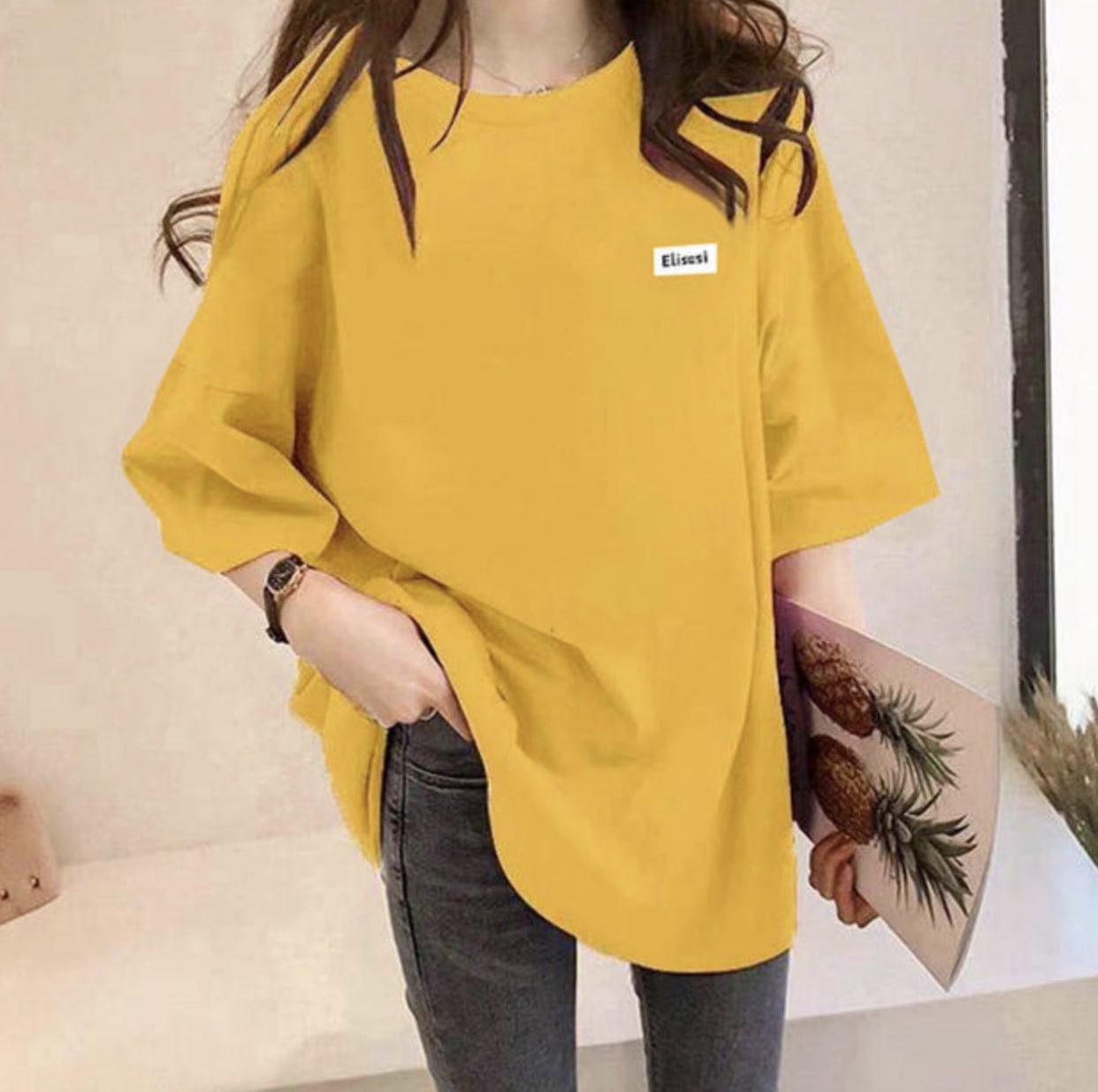 トップス Tシャツ ビッグT 袖あり 5分袖 Uネック ワイド 伸縮性 綿 大人可愛い シンプル カジュアル おしゃれ お洒落 こなれ感 ラフ メンズライク ボーイッシュ 存在感 無地 プリント 春