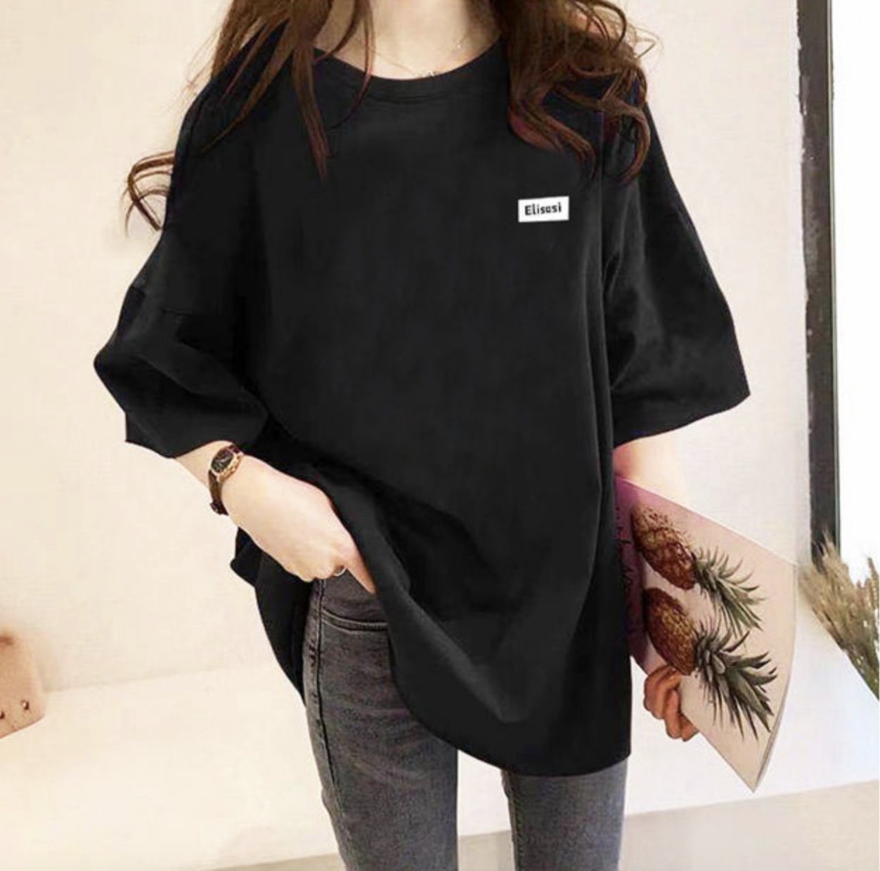 トップス Tシャツ ビッグT 袖あり 5分袖 Uネック ワイド 伸縮性 綿 大人可愛い シンプル カジュアル おしゃれ お洒落 こなれ感 ラフ メンズライク ボーイッシュ 存在感 無地 プリント 春