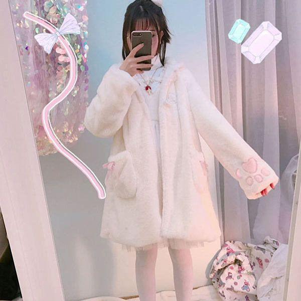 もふもふコート猫耳肉球ボアコートふわふわもこもこパーカーかわいい秋冬長袖フード付きアウターオーバーサイズゆったりフリーサイズネコ耳白いd