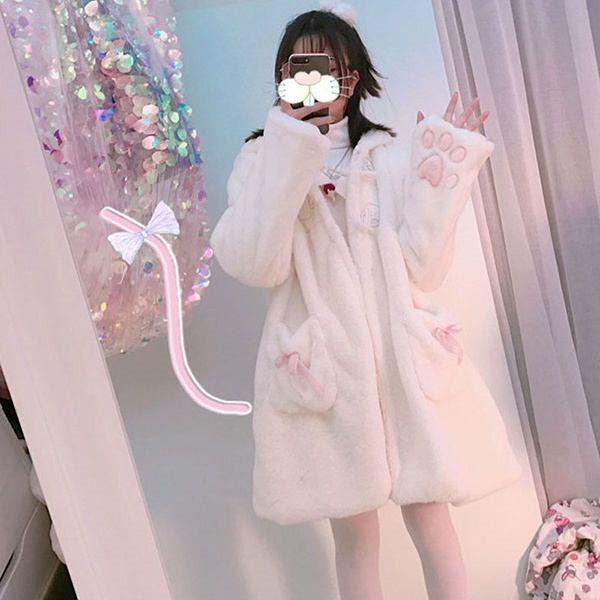 もふもふコート猫耳肉球ボアコートふわふわもこもこパーカーかわいい秋冬長袖フード付きアウターオーバーサイズゆったりフリーサイズネコ耳白いd