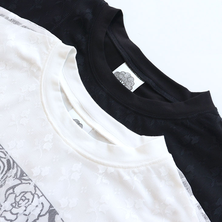 ScoLar スカラー スカラーちゃんレース重ねプルオーバー シアー ボックスプリント スカラーちゃん 透け感 花 華やか 七分袖 Tシャツ 個性的 ゆったり 体型カバー トップス 女性 152746