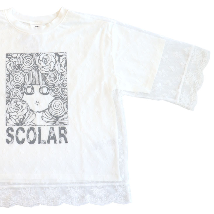 ScoLar スカラー スカラーちゃんレース重ねプルオーバー シアー ボックスプリント スカラーちゃん 透け感 花 華やか 七分袖 Tシャツ 個性的 ゆったり 体型カバー トップス 女性 152746