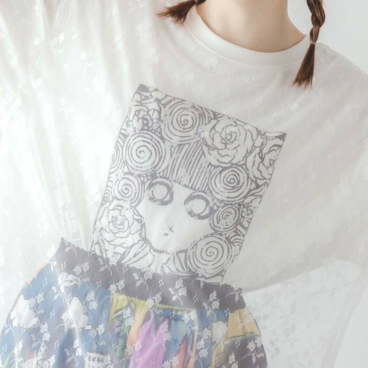 ScoLar スカラー スカラーちゃんレース重ねプルオーバー シアー ボックスプリント スカラーちゃん 透け感 花 華やか 七分袖 Tシャツ 個性的 ゆったり 体型カバー トップス 女性 152746