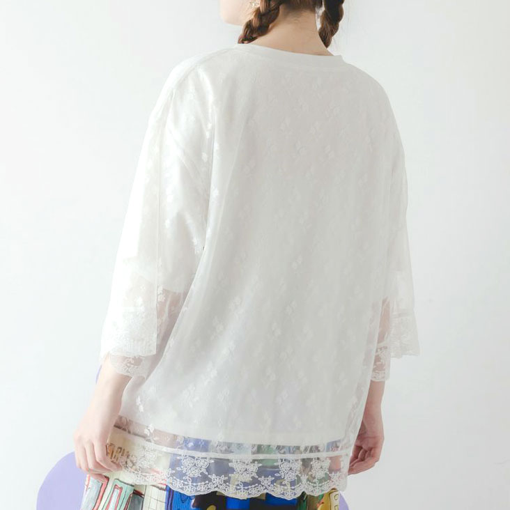 ScoLar スカラー スカラーちゃんレース重ねプルオーバー シアー ボックスプリント スカラーちゃん 透け感 花 華やか 七分袖 Tシャツ 個性的 ゆったり 体型カバー トップス 女性 152746