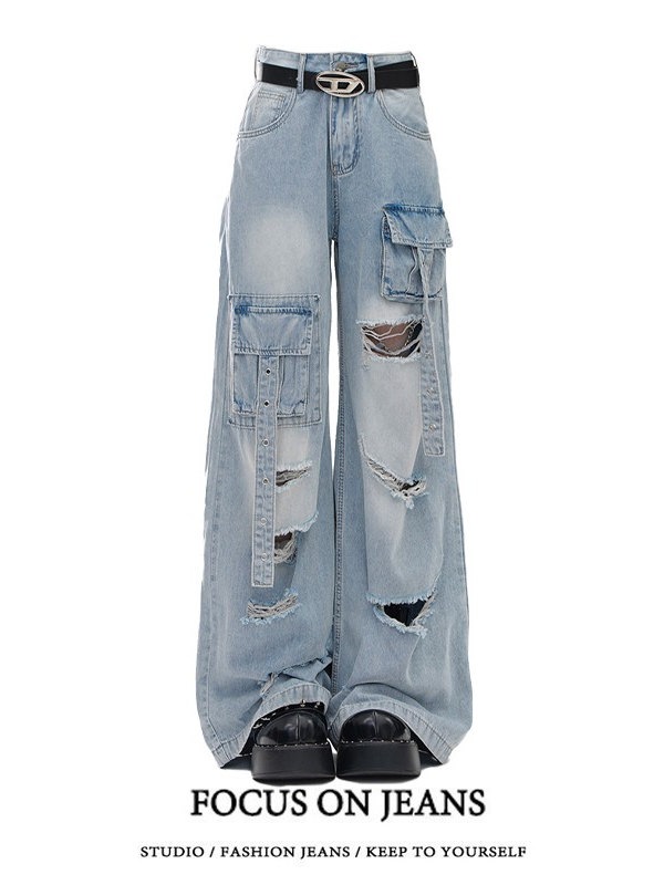 2025春夏 デニムパンツ ボトムス ハイウエスト ジーンズ K-POP ストリートファッション系モップ韓国風ファッション練習ジーンズ シルエット加工ゆったりレッグレディースカジュアルジーパン衣装