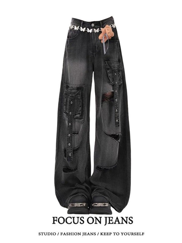2025春夏 デニムパンツ ボトムス ハイウエスト ジーンズ K-POP ストリートファッション系モップ韓国風ファッション練習ジーンズ シルエット加工ゆったりレッグレディースカジュアルジーパン衣装
