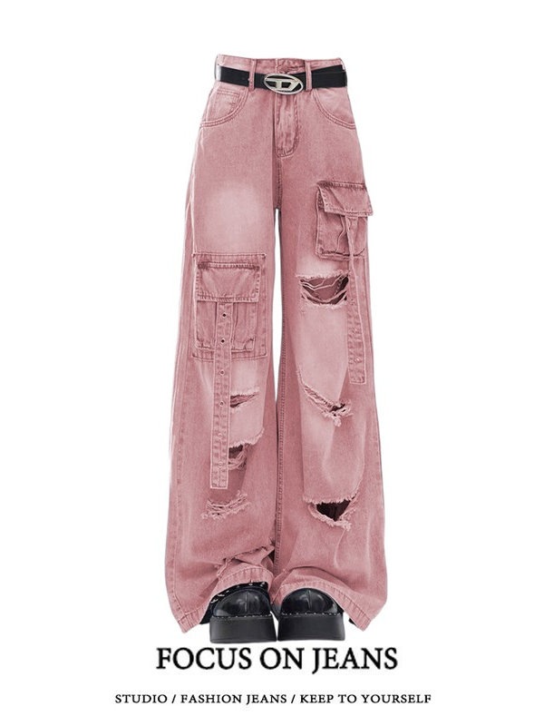 2025春夏 デニムパンツ ボトムス ハイウエスト ジーンズ K-POP ストリートファッション系モップ韓国風ファッション練習ジーンズ シルエット加工ゆったりレッグレディースカジュアルジーパン衣装