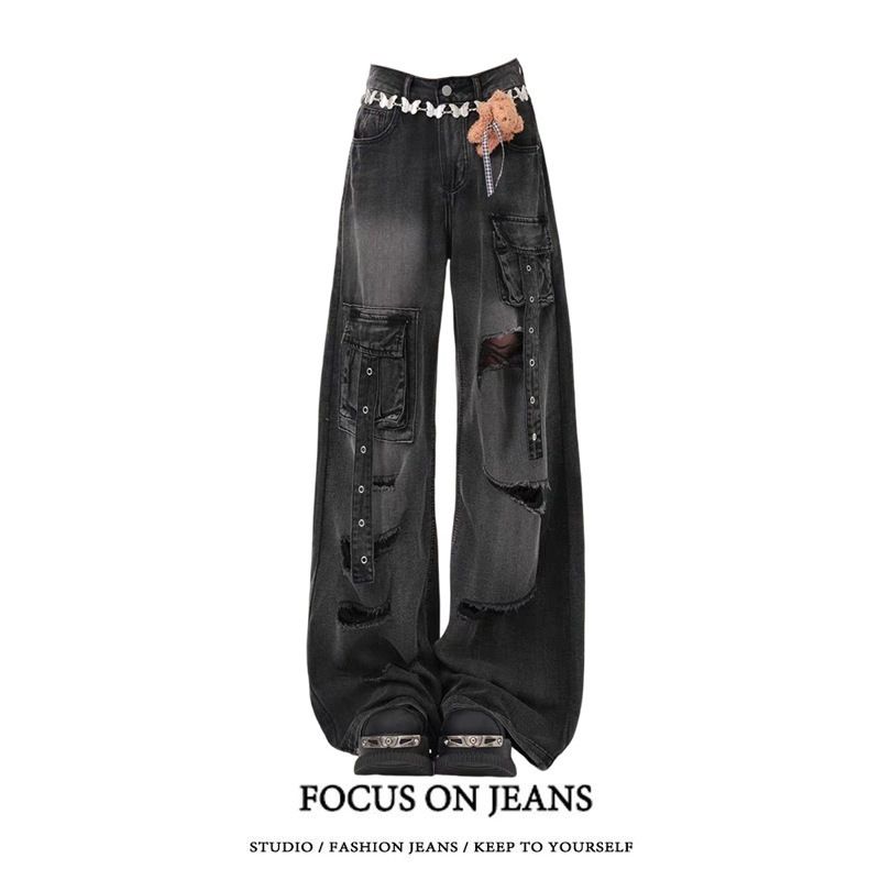 2025春夏 デニムパンツ ボトムス ハイウエスト ジーンズ K-POP ストリートファッション系モップ韓国風ファッション練習ジーンズ シルエット加工ゆったりレッグレディースカジュアルジーパン衣装