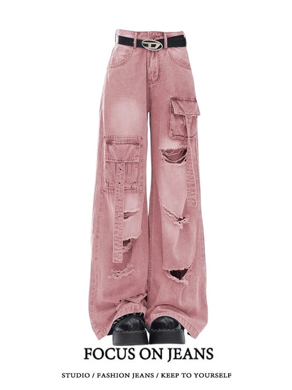 2025春夏 デニムパンツ ボトムス ハイウエスト ジーンズ K-POP ストリートファッション系モップ韓国風ファッション練習ジーンズ シルエット加工ゆったりレッグレディースカジュアルジーパン衣装