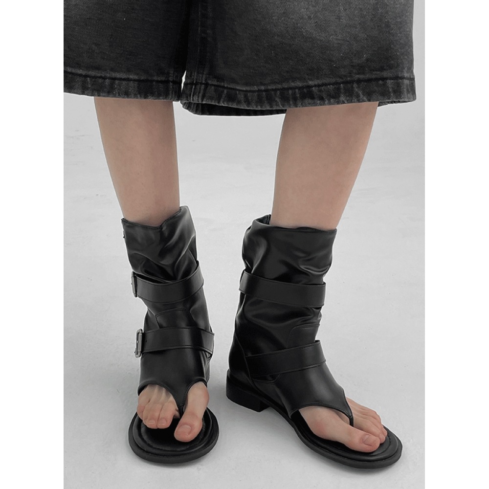 ブラックアップ レディト バックル レザー サンダルブーツ mulan778.net