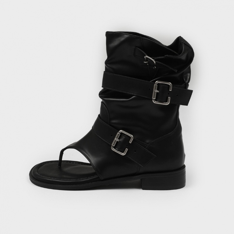 ブラックアップ レディト バックル レザー サンダルブーツ mulan778.net