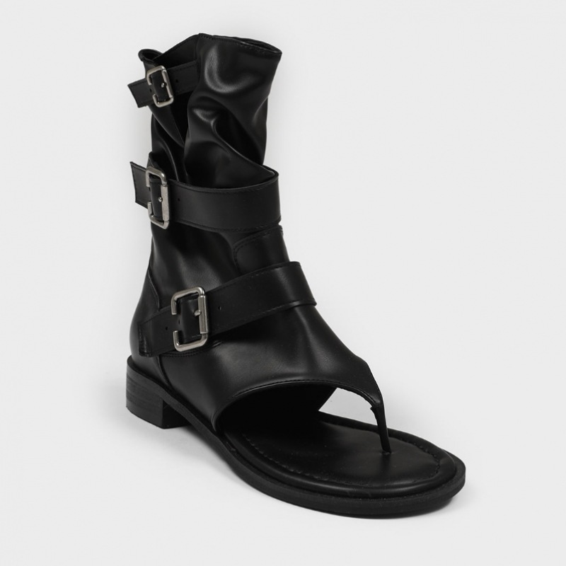 ブラックアップ レディト バックル レザー サンダルブーツ mulan778.net