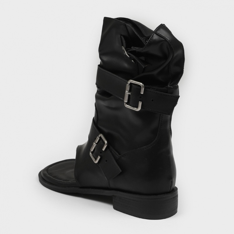 ブラックアップ レディト バックル レザー サンダルブーツ mulan778.net