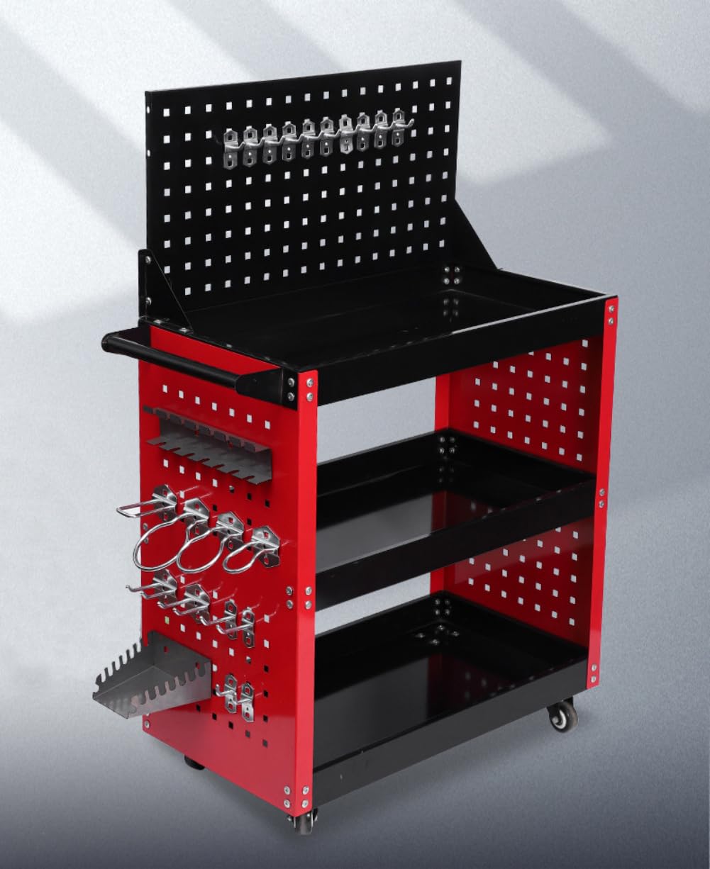 ツールワゴン ツールカート 工具ワゴン 工具カート 3段 キャスター付 ドライバーホール メッシュパネル 側面プレート 耐荷重195KG 360度回転 ハンドル レッド フック付き DIY ガレージ ツールワゴン ツールカート 工具ワゴン 工具カート 3段 キャスター付 ドライバーホール メッシュパネル 側面プレート 耐荷重195KG 360度回転 ハンドル レッド フック付き DIY ガレージ